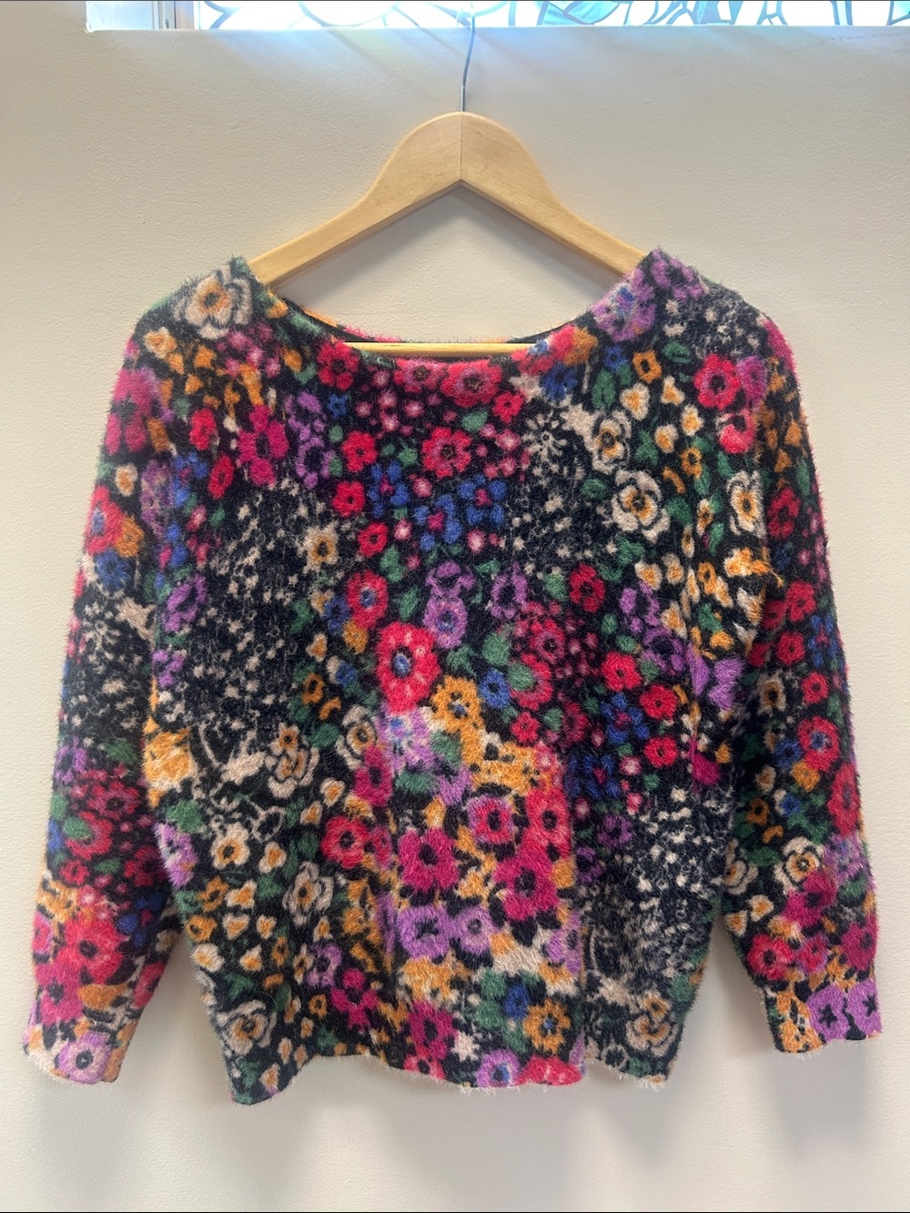 Anthropologie Fuzzy Colorful Floral Grandmacore Top - Multicolor